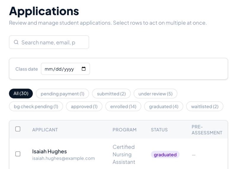 Completra applications list filtered by status, including pending payment, under review, enrolled, graduated, and waitlisted