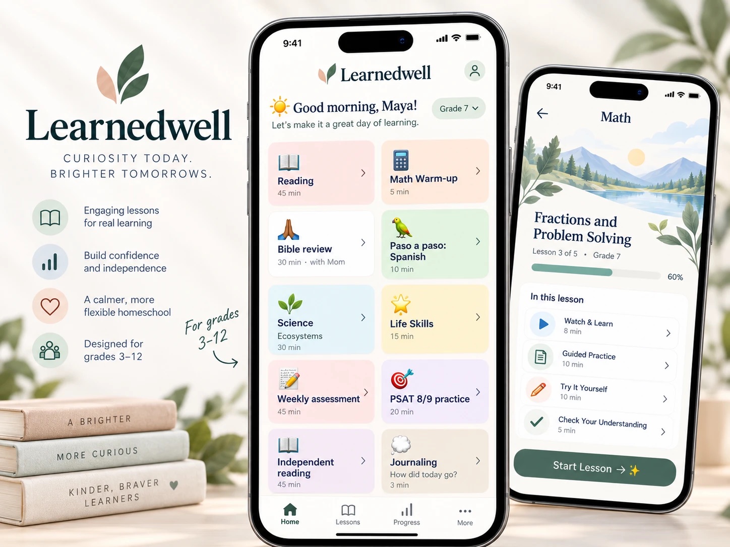 Learnedwell app design concept: a student's daily plan with reading, math warm-up, Bible review, Spanish, science, life skills, weekly assessment, and PSAT practice, next to a math lesson screen